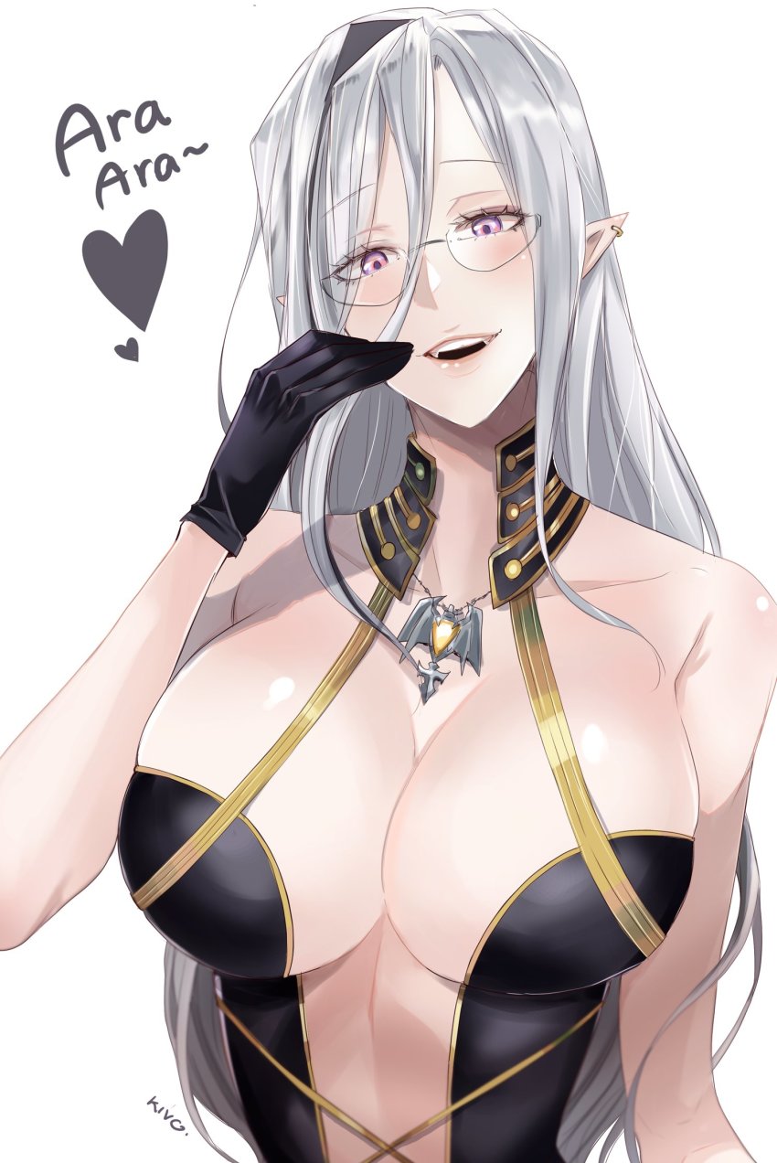 1girl, ara_ara, bare_shoulders, black_dress, black_gloves, black_hair, breasts, center_opening, cleavage, dress, fangs, genderswap, genderswap_(mtf), glasses, gloves, grey_hair, head_tilt, highres, holostars, holostars_english, jewelry, kivo, large_breasts, lips, long_hair, looking_at_viewer, mature_female, multicolored_hair, necklace, noir_vesper, parted_lips, pointy_ears, purple_eyes, simple_background, smile, solo, strapless, strapless_dress, streaked_hair, teeth, upper_body, upper_teeth_only, vampire, very_long_hair, virtual_youtuber, white_background