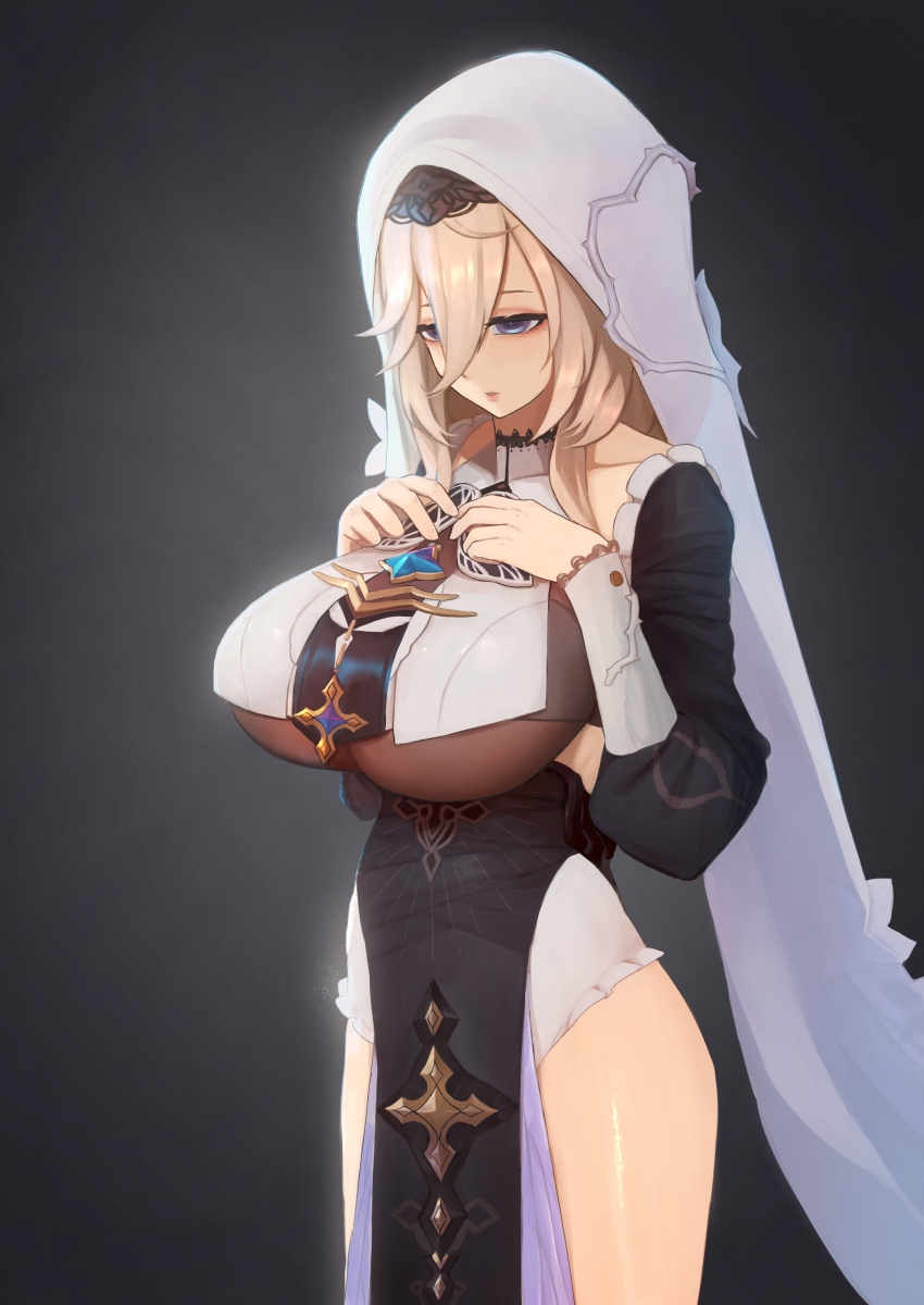 1girl, absurdres, aponia, black_background, black_dress, blue_eyes, breasts, brown_hair