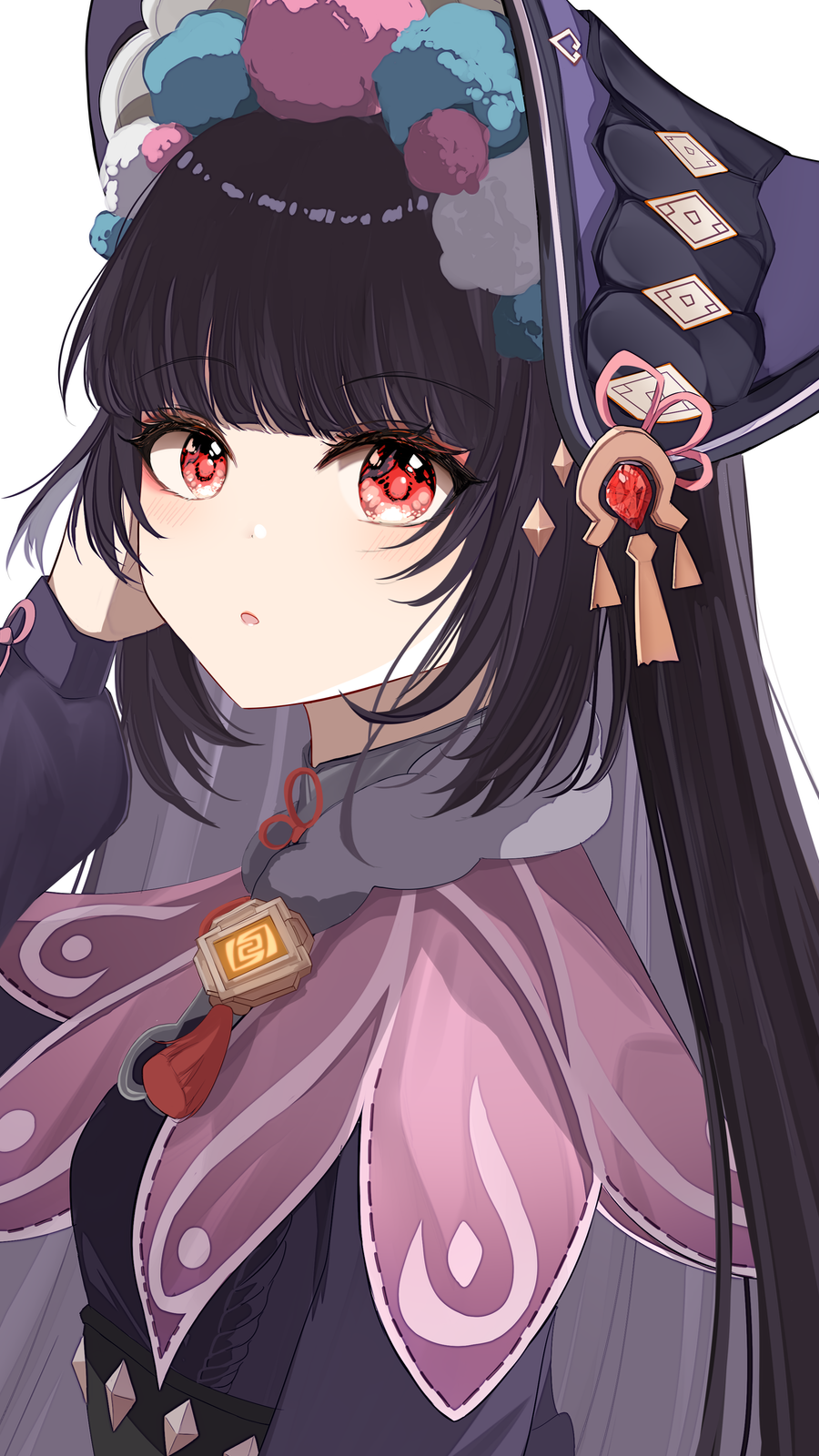 1girl, black_hair, black_headwear, blunt_bangs, bonnet, capelet, dress, eyeshadow