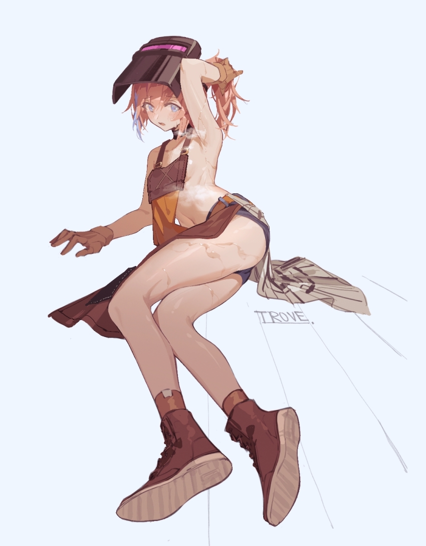 1girl, adjusting_hair, apron, arm_behind_head, arm_support, arm_up, armpits, blue_eyes