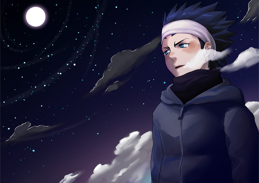 1boy, black_coat, blue_eyes, blue_hair, blush, breath, cloud, coat, fukami_fitzgerald_arashi, full_moon, gendayone, hood, hood_down, hooded_coat, male_focus, moon, night, outdoors, solo, spiked_hair, st&amp;rs, upper_body