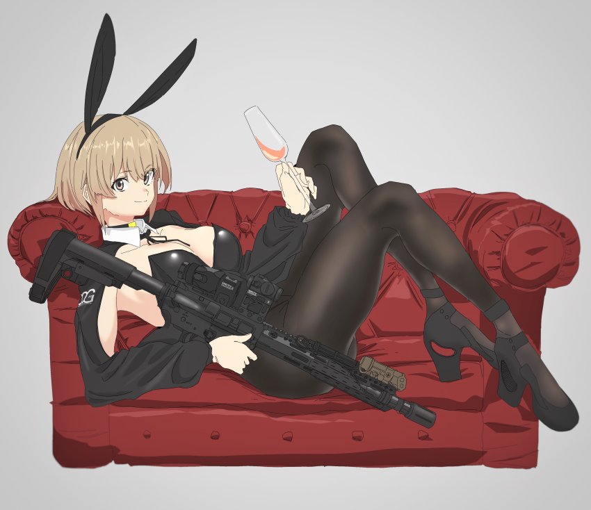 1girl, absurdres, aimpoint, alcohol, animal_ears, bcm_mcmr, black_hairband, black_leotard