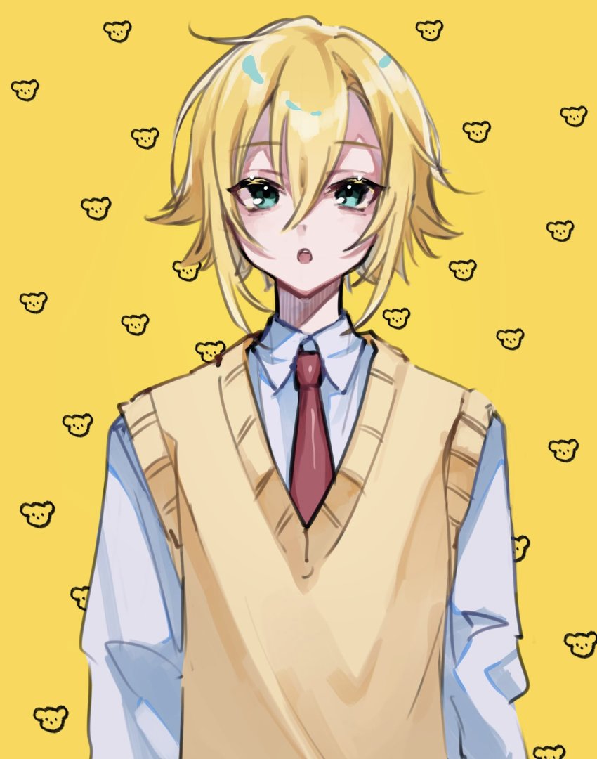 1boy, :o, blonde_hair, collared_shirt, green_eyes, highres, long_sleeves, looking_at_viewer