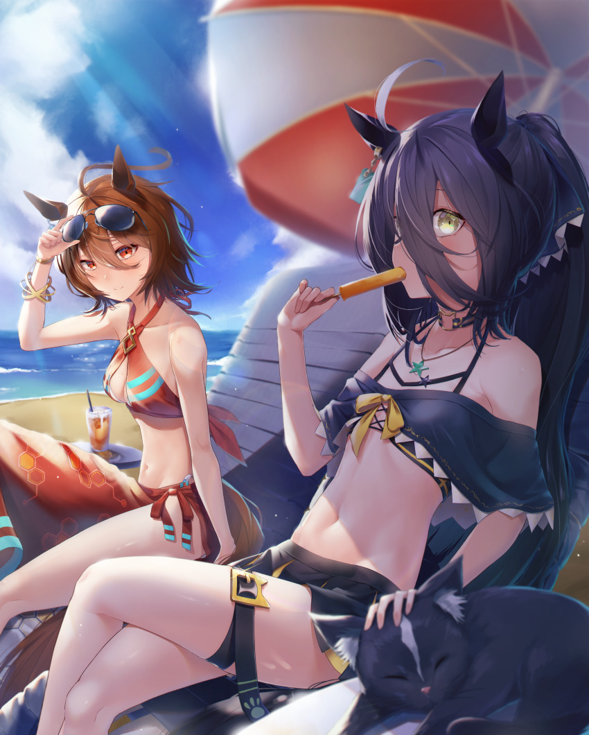 2girls, absurdres, adjusting_eyewear, agnes_tachyon_(umamusume), ahoge, alternate_costume, alternate_hairstyle, bare_shoulders