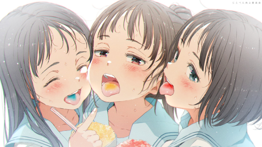 3girls, :d, ^_^, black_hair, blue_sailor_collar, blush, closed_eyes, commentary_request, female_focus, food, forehead, gomennasai, grey_eyes, highres, loli, long_hair, looking_at_viewer, multiple_girls, open_mouth, original, red_eyes, sailor_collar, school_uniform, serafuku, shaved_ice, shirt, simple_background, smile, sweat, thick_eyebrows, tongue, tongue_out, translation_request, upper_body, white_background, white_shirt