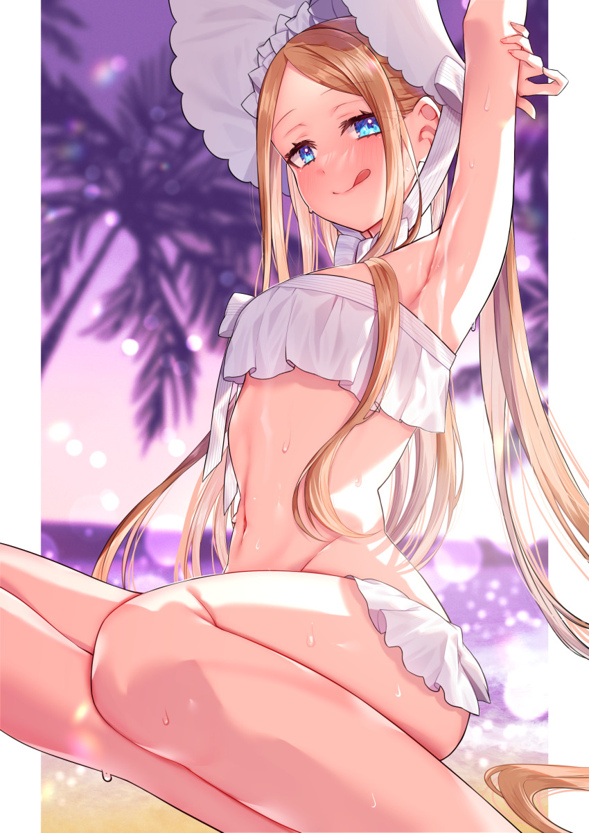 1girl, abigail_williams_(fate), abigail_williams_(swimsuit_foreigner)_(fate), abigail_williams_(swimsuit_foreigner)_(third_ascension)_(fate), akirannu, armpits, arms_behind_head, arms_up
