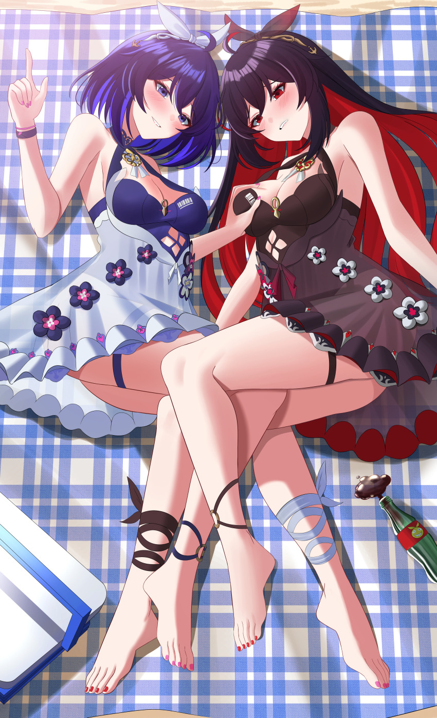 2girls, absurdres, aircell, bare_shoulders, barefoot, black_dress, black_hair, black_one-piece_swimsuit