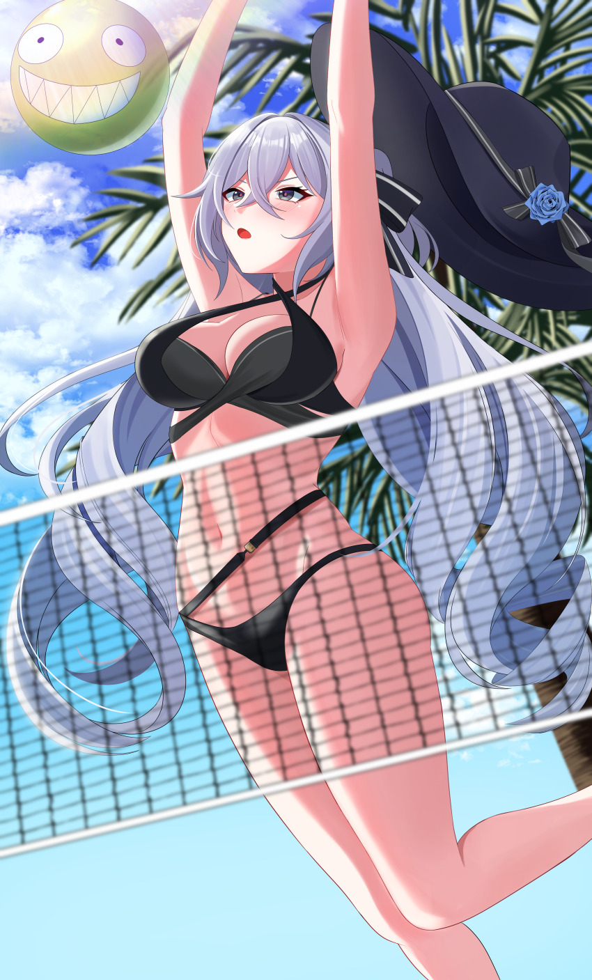 1girl, absurdres, aircell, arm_support, ball, bare_arms, bare_shoulders, beachball
