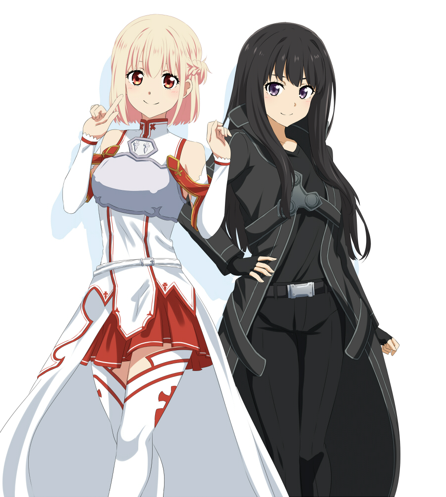 2girls, armor, asuna_(sao), asuna_(sao)_(cosplay), black_coat, black_gloves, black_hair, black_pants, black_shirt, blonde_hair, bob_cut, braid, breastplate, breasts, closed_mouth, coat, commentary_request, cosplay, dars_(recolors), detached_sleeves, dress, fingerless_gloves, french_braid, gloves, hand_on_own_hip, inoue_takina, kirito, kirito_(cosplay), long_hair, long_sleeves, looking_at_viewer, lycoris_recoil, medium_breasts, multiple_girls, nishikigi_chisato, pants, pleated_skirt, purple_eyes, red_eyes, red_skirt, shirt, short_hair, simple_background, skirt, sleeveless, sleeveless_dress, smile, sword_art_online, thighhighs, thighs, white_armor, white_background, white_dress, white_sleeves, white_thighhighs