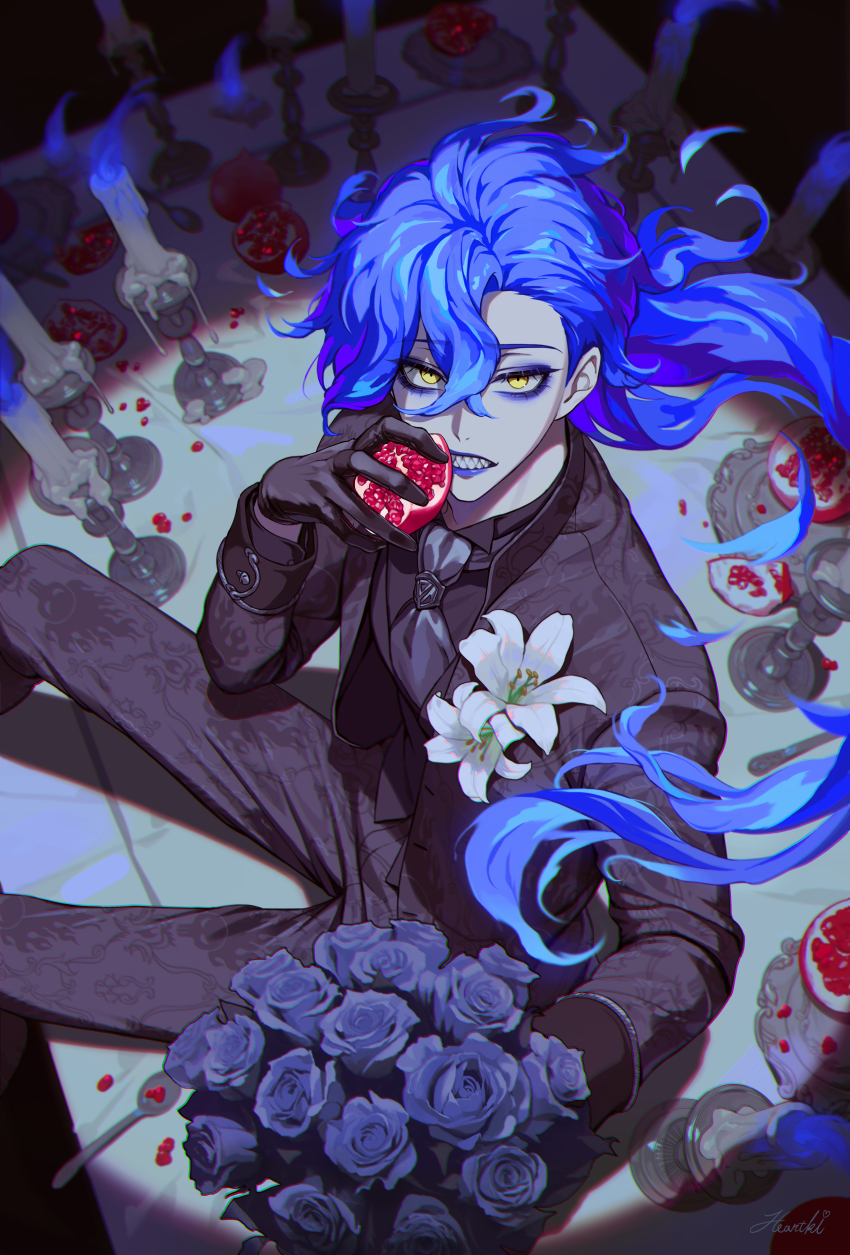1boy, absurdres, black_jacket, black_necktie, black_shirt, black_suit, blue_flower, blue_hair