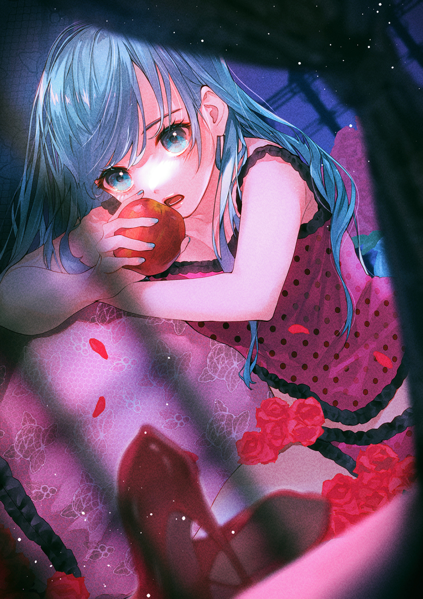 1girl, apple, aqua_eyes, aqua_hair, aqua_nails, bare_arms, bare_shoulders, blurry, blurry_foreground, camisole, curtains, depth_of_field, dutch_angle, eyelashes, film_grain, floral_print, flower, food, fruit, hair_down, hair_over_shoulder, hatsune_miku, high_heels, highres, holding, holding_food, holding_fruit, imminent_bite, lace-trimmed_camisole, lace_trim, light_particles, long_hair, looking_at_viewer, midriff, nail_polish, open_mouth, petals, pink_camisole, polka_dot_camisole, pumps, red_flower, red_rose, red_shoes, romeo_to_cinderella_(vocaloid), rose, shoes, sitting, solo, stiletto_heels, suzuri_suzuna, unworn_shoes, vocaloid, window