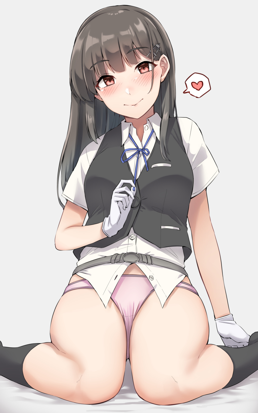 1girl, absurdres, black_hair, black_socks, black_vest, blue_ribbon, clothes_lift, gloves, hayashio_(kancolle), hayashio_kai_ni_(kancolle), highres, kantai_collection, kiritto, long_hair, looking_at_viewer, mole, mole_under_eye, no_pants, panties, pink_panties, red_eyes, ribbon, school_uniform, shirt, simple_background, sitting, skirt, skirt_lift, socks, solo, underwear, vest, wariza, white_background, white_gloves, white_shirt