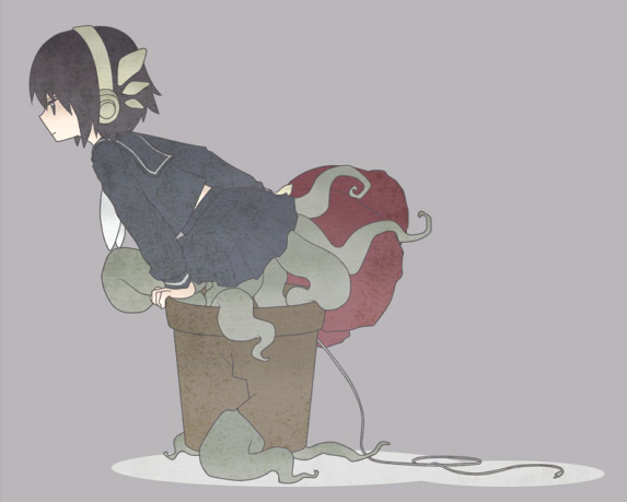 black_serafuku, black_shirt, blouse, cable, grey_background, headphones, inutarouta, miniskirt