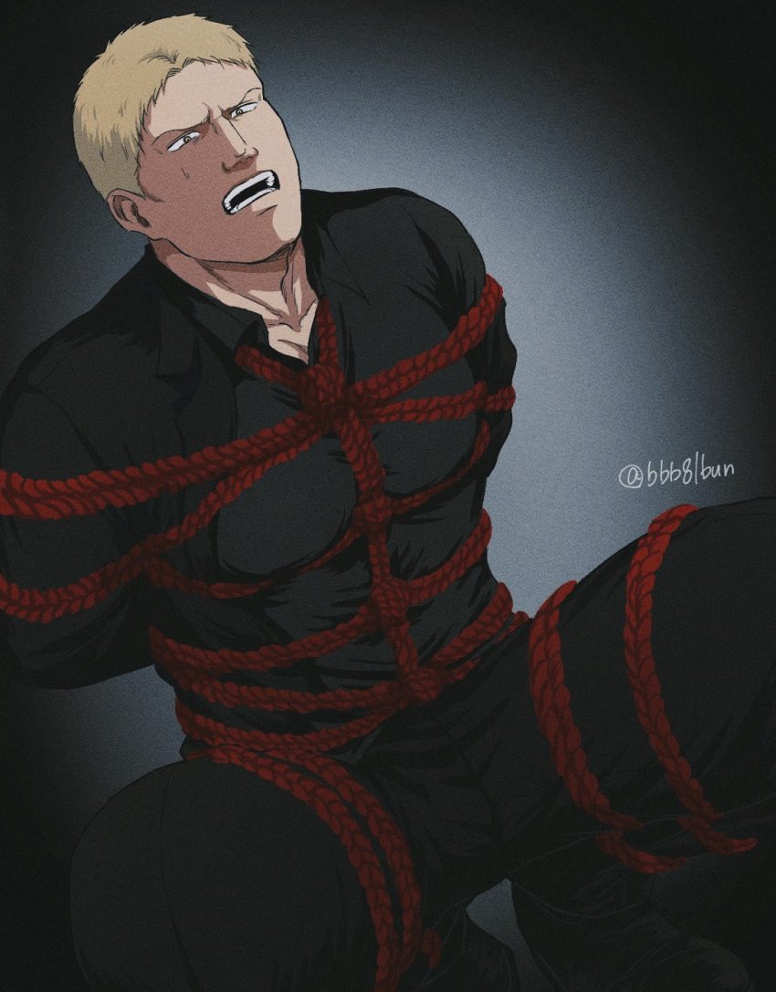 1boy, bara, black_pants, black_shirt, blonde_hair, bound, bound_arms, bound_legs