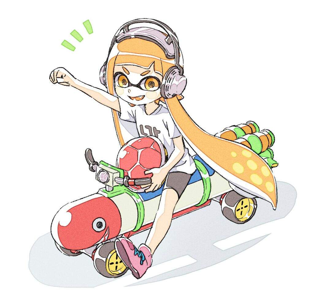 1girl, bike_shorts, fangs, fist_pump, headphones, inkling, inkling_girl, inkling_player_character