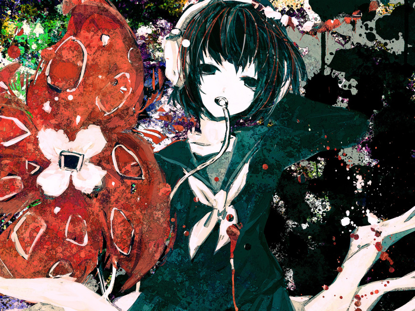 1girl, bad_id, bad_pixiv_id, female_focus, flower, headphones, highres, meola