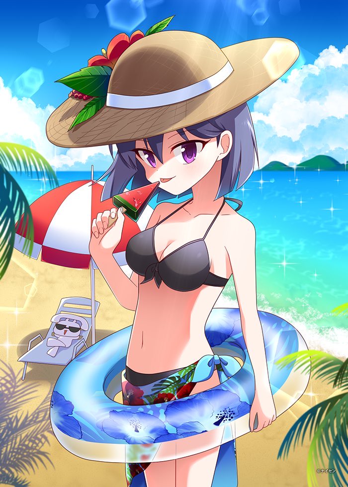 1girl, aite_iori, bikini, black_bikini, blue_sky, breasts, cleavage, hat