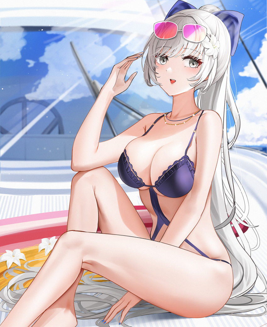 1girl, azur_lane, bare_arms, bare_legs, bare_shoulders, blue_bow, blue_sky, blush