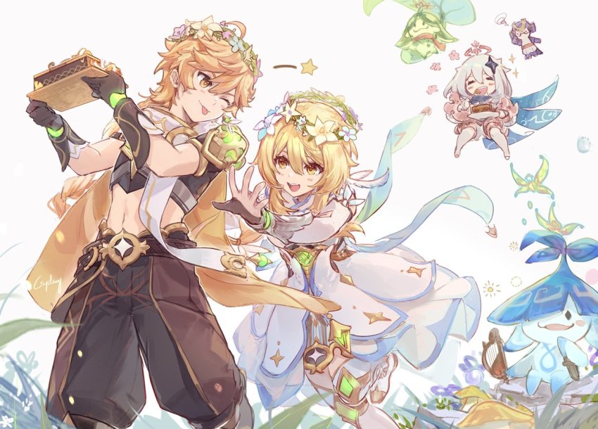 1boy, 2girls, aether_(genshin_impact), ahoge, aranara_(genshin_impact), bare_shoulders, black_pants, black_shirt