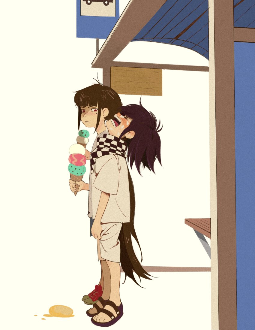 1boy, 1girl, absurdres, aged_down, annoyed, black_hair, blunt_bangs, brown_hair