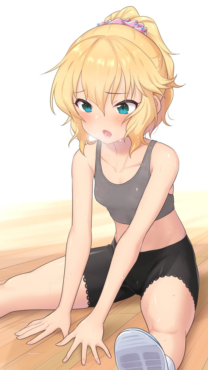 1girl, bike_shorts, blonde_hair, blue_eyes, blush, bra, breasts, breath, exercising, female_focus, grey_bra, heavy_breathing, highres, idolmaster, idolmaster_cinderella_girls, on_floor, open_mouth, ponytail, sakurai_momoka, scrunchie, sitting, small_breasts, solo, sports_bra, sweat, underwear, wooden_floor, yamatatuo