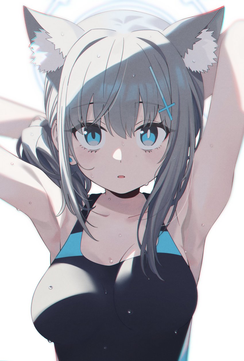 1girl, absurdres, animal_ear_fluff, animal_ears, armpits, arms_up, blue_archive, breasts, cleavage, collarbone, earrings, extra_ears, greyscale, halo, highres, homefuji, jewelry, looking_at_viewer, monochrome, one-piece_swimsuit, photoshop_(medium), shiroko_(blue_archive), shiroko_(swimsuit)_(blue_archive), side_ponytail, simple_background, solo, stud_earrings, swimsuit, upper_body, water_drop, wolf_ears