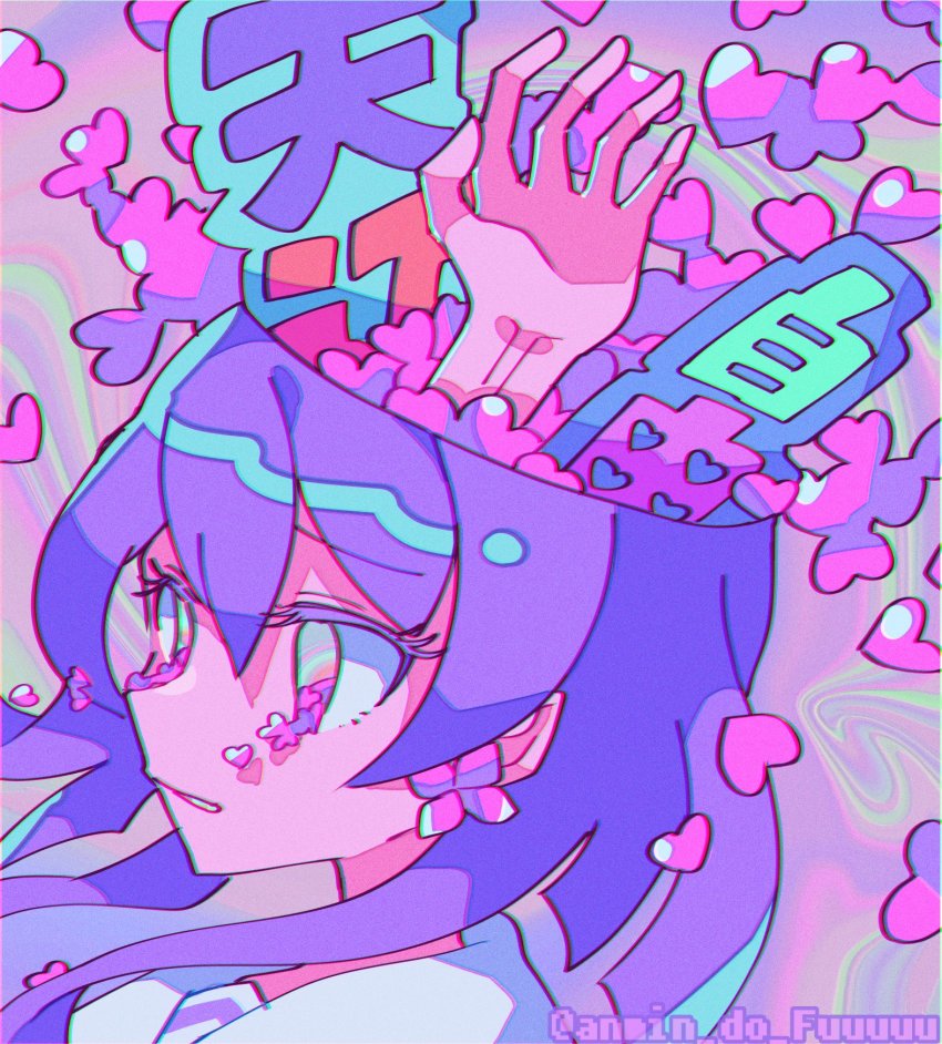 1girl, aika_himena, alternate_eye_color, colored_eyelashes, earrings, empty_eyes, hair_between_eyes, heart