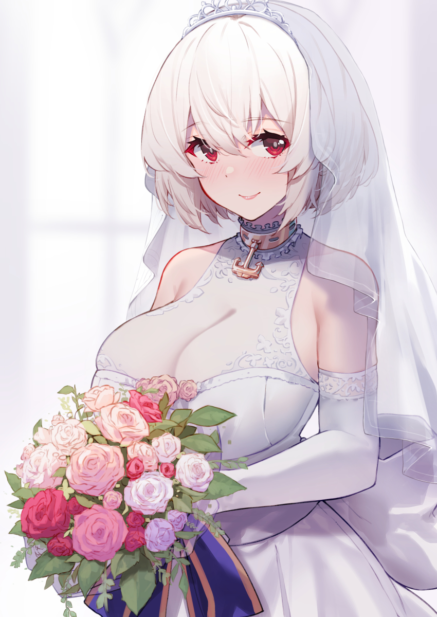 1girl, absurdres, alternate_costume, anchor, anchor_choker, azur_lane, bare_shoulders, bouquet