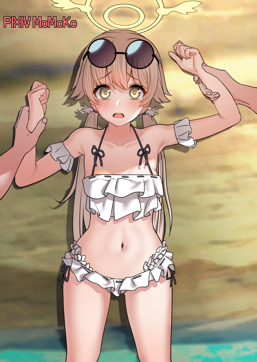 1girl, absurdres, against_rock, against_wall, artist_name, bikini, blue_archive, blush