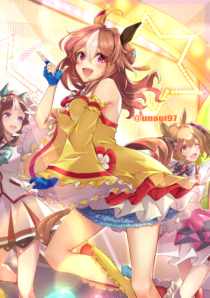 absurdres, black_hair, breasts, commentary_request, copano_rickey_(umamusume), copano_rickey_(yin-yang_bagua_lucky_costume)_(umamusume), dancing, detached_sleeves