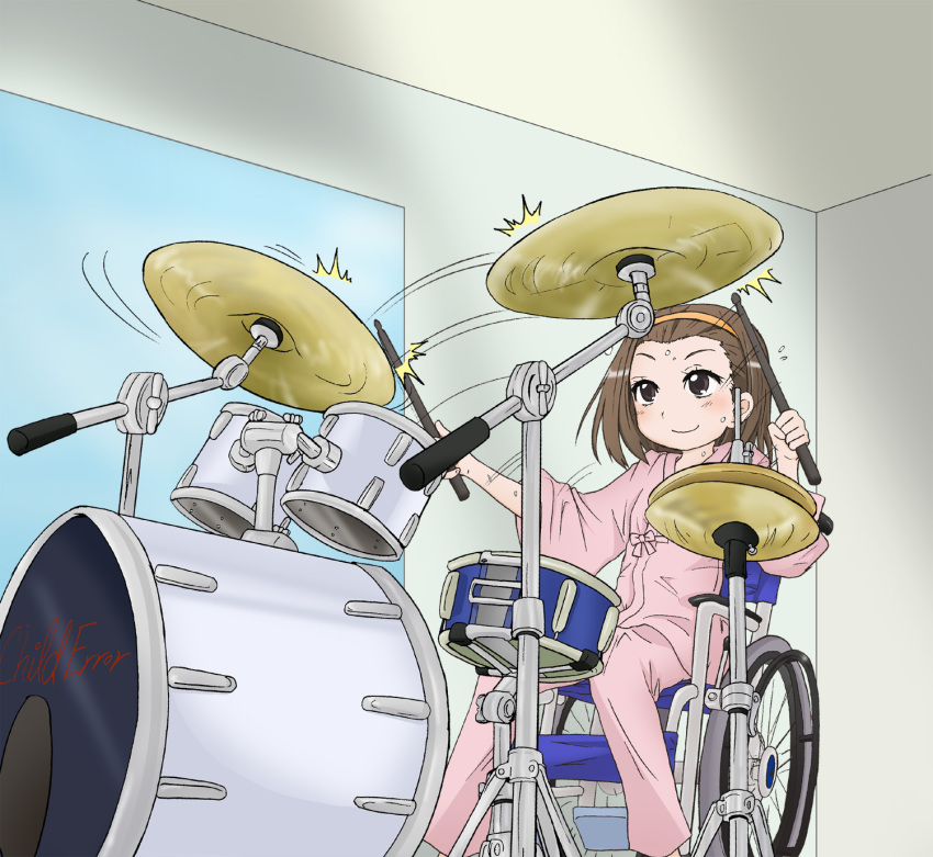 brown_eyes, brown_hair, drum, drum_set, drumsticks, edasaki_banri, hairband, highres