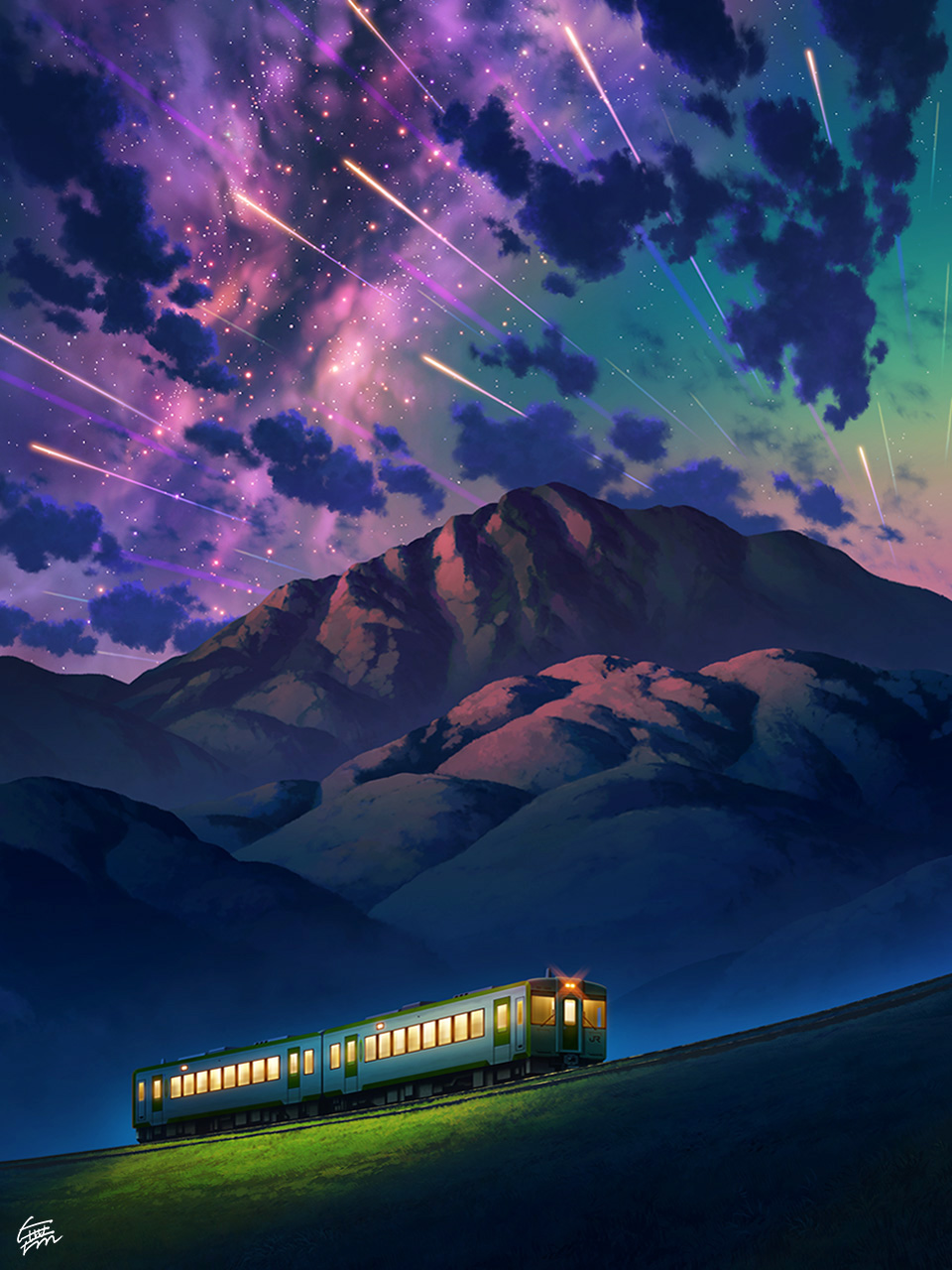commentary_request, grass, highres, milky_way, mountain, mugumo_24k, multiple_unit_train, night