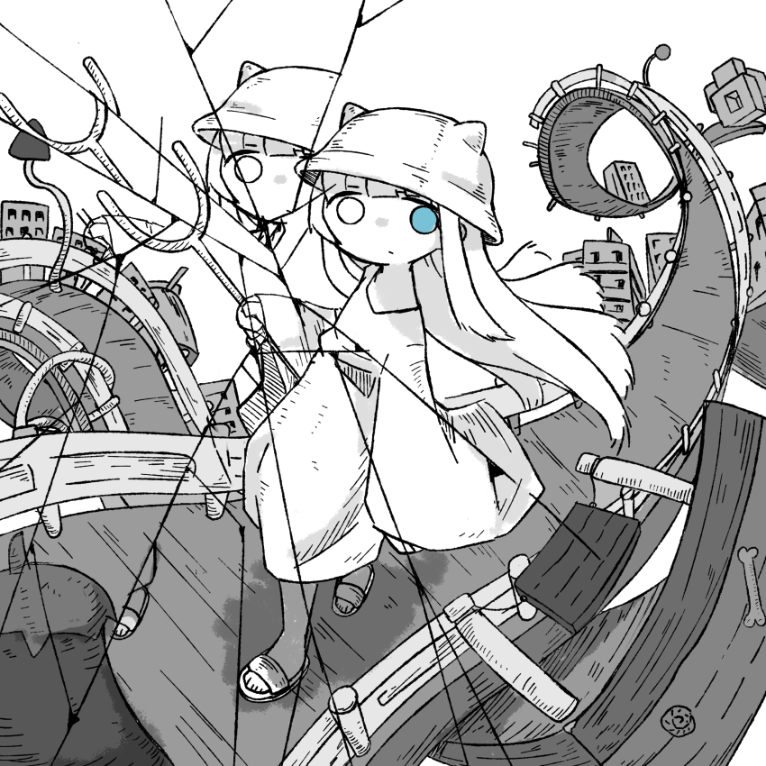 1girl, absurdres, animal_ear_helmet, animal_ears_helmet, animal_helmet, barefoot_sandals_(jewelry), blue_eyes, broken_glass, broken_mirror, cat_helmet, crack, cracked_glass, different_reflection, dress, glass, helmet, heterochromia, highres, holding, holding_stick, impossible_architecture, long_hair, megateru, mirror, reflection, sandals, shimeji_simulation, stick, the_gardener_(shimeji_simulation), white_dress, white_eyes, white_footwear, white_hair, white_helmet