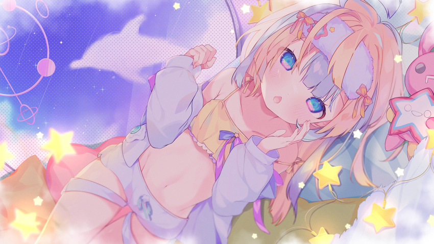 1girl, :o, amakawa_hano, bare_shoulders, blonde_hair, blue_eyes, blue_hair, blush