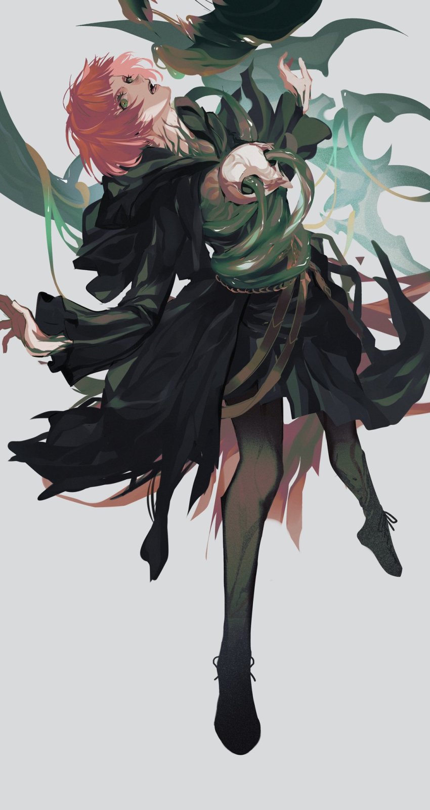 1girl, black_capelet, black_robe, black_shoes, blunt_bangs, bob_cut, capelet, colored_skin, commentary, cross-laced_footwear, en_(enxxx), final_fantasy, final_fantasy_xiv, from_side, full_body, green_eyes, green_skin, grey_background, hanging, head_back, head_tilt, hegemone_(ff14), highres, hood, hood_down, hooded_capelet, legs_apart, long_sleeves, looking_at_viewer, looking_down, mask, mask_around_neck, multicolored_skin, mutation, open_mouth, outstretched_arms, plant, red_hair, robe, shoes, short_hair, simple_background, solo, torn_clothes, torn_robe, two-tone_skin, unworn_mask, vine_bondage, vines