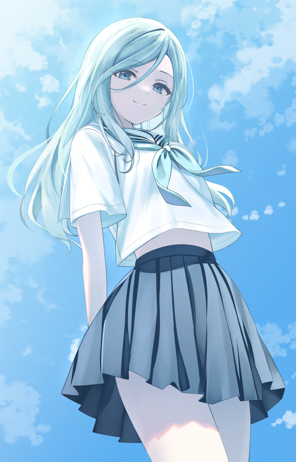 1girl, aqua_eyes, aqua_hair, aqua_neckerchief, arms_behind_back, blouse, closed_mouth, commentary