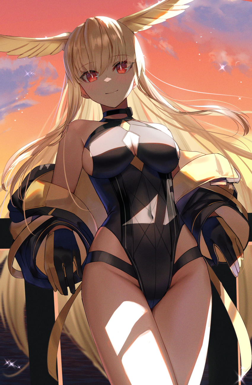 1girl, absurdres, black_gloves, black_jacket, black_one-piece_swimsuit, blonde_hair, breasts, choker