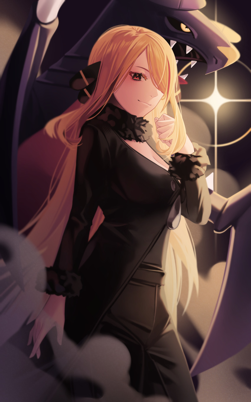 1girl, absurdres, black_coat, black_pants, black_shirt, blonde_hair, breasts, brown_eyes, cleavage, closed_mouth, coat, commentary, cynthia_(pokemon), from_side, fur-trimmed_coat, fur_collar, fur_trim, garchomp, gen_4_pokemon, hair_ornament, hair_over_one_eye, hand_up, highres, long_hair, long_sleeves, nintendo, pants, pokemon, pokemon_(creature), pokemon_diamond/pearl/platinum, ropytic, shirt, smile, smoke, very_long_hair