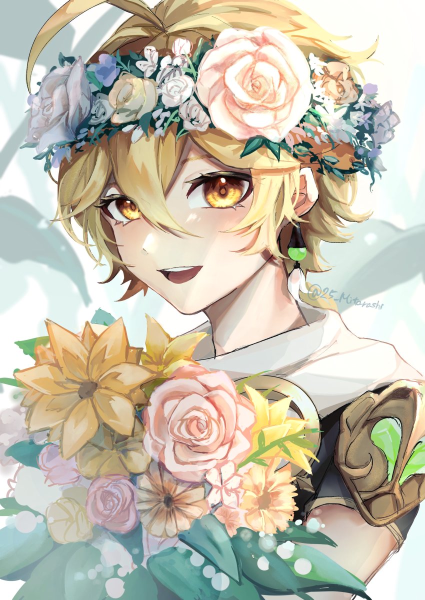 1boy, :d, absurdres, aether_(genshin_impact), blonde_hair, bouquet, earrings, flower, genshin_impact, gold_trim, hair_between_eyes, head_wreath, highres, holding, holding_bouquet, jewelry, male_focus, mitarashi_(25_mitarashi), open_mouth, pink_flower, pink_rose, purple_flower, purple_rose, rose, smile, teeth, upper_teeth_only, white_flower, white_rose, yellow_flower, yellow_rose