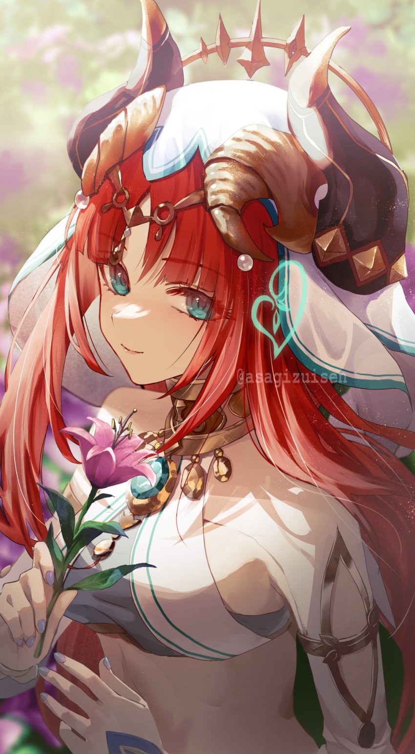 1girl, asagizuisen, blue_eyes, blue_gem, blurry, blurry_background, breasts, brooch