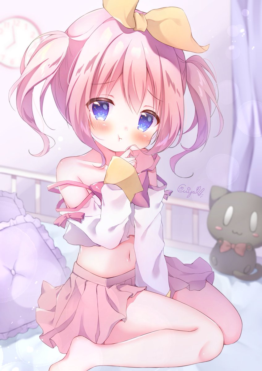 1girl, barefoot, bed, between_legs, blue_eyes, blush, bow, child