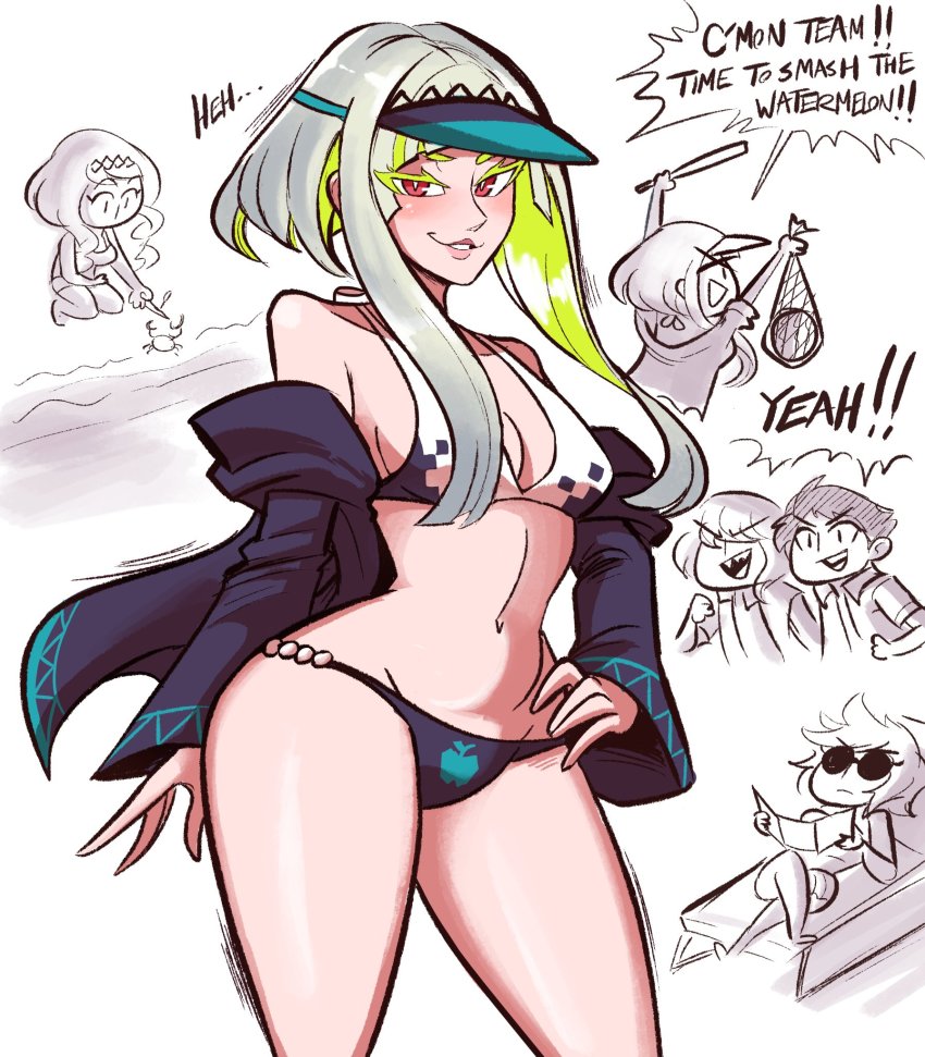 baseball_bat, beach, bikini, colored_eyelashes, crab, devil_summoner_(series), food, fruit, green_hair, highres, jacket, multicolored_hair, ringo_(soul_hackers_2), scruffyturtles, short_hair_with_long_locks, smirk, soul_hackers_2, speech_bubble, sun_visor, sunglasses, swimsuit, tagme, two-tone_hair, watermelon