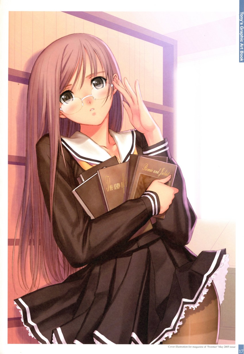 1girl, absurdres, adjusting_eyewear, arm_up, book, brown_pantyhose, female_focus, frontier, glasses, highres, holding, holding_book, hugging_book, hugging_object, long_sleeves, looking_at_viewer, pantyhose, parted_lips, pleated_skirt, school_uniform, skirt, solo, striped_clothes, striped_skirt, thighband_pantyhose, tony_taka
