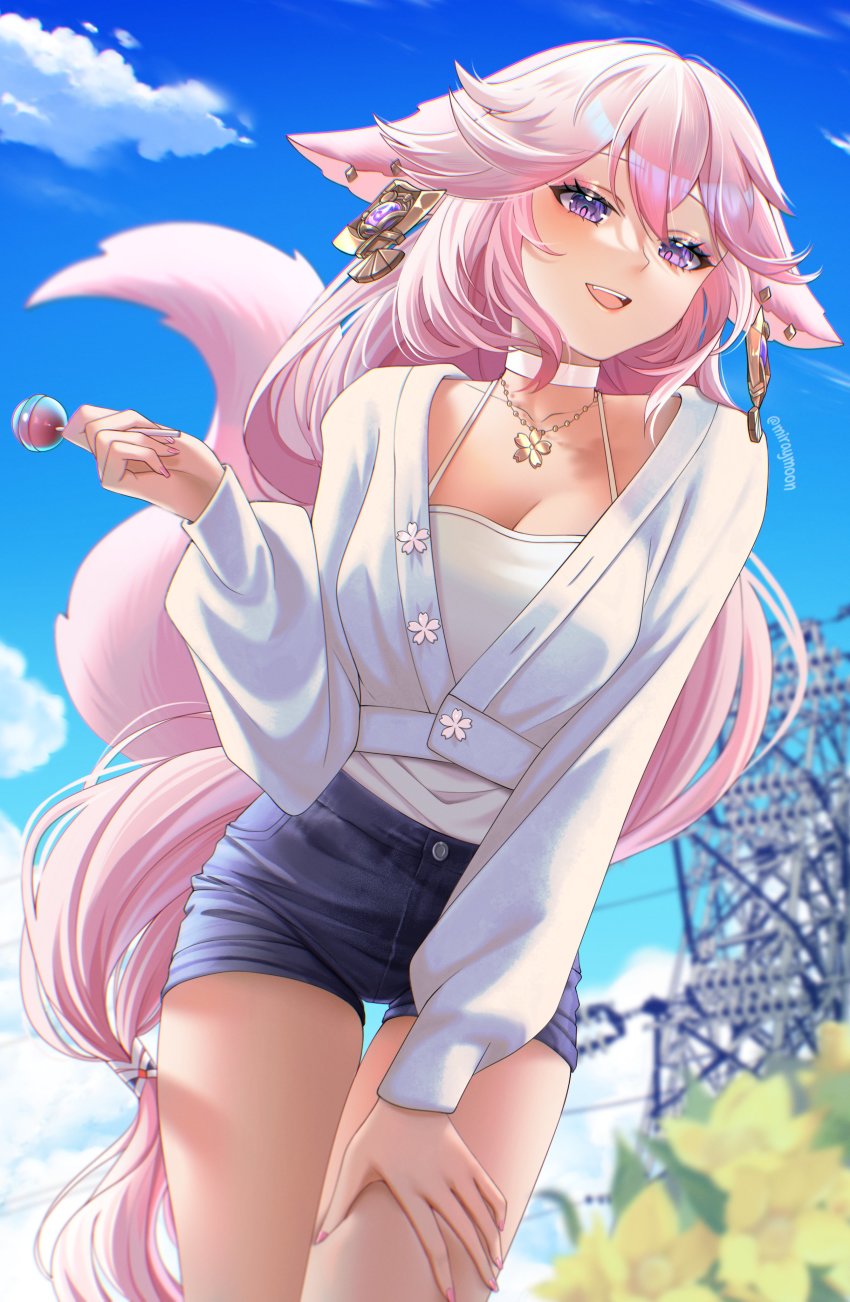 1girl, :d, absurdres, alternate_costume, animal_ears, blue_shorts, blue_sky, blush