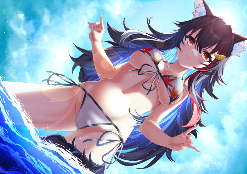1girl, absurdres, animal_ear_fluff, animal_ears, autumn_leaves, bikini, black_hair, blue_sky