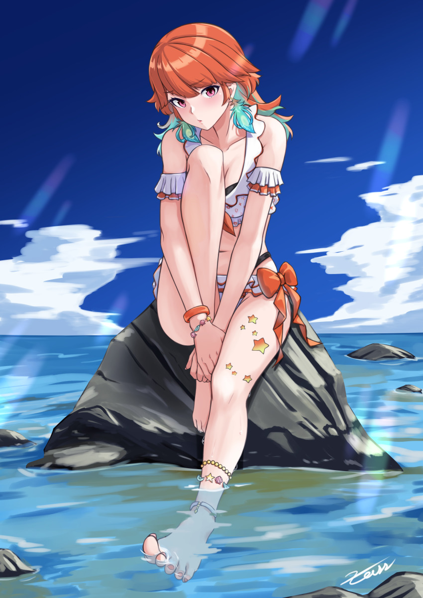1girl, absurdres, anklet, aqua_hair, barefoot, bikini, blue_sky, bow