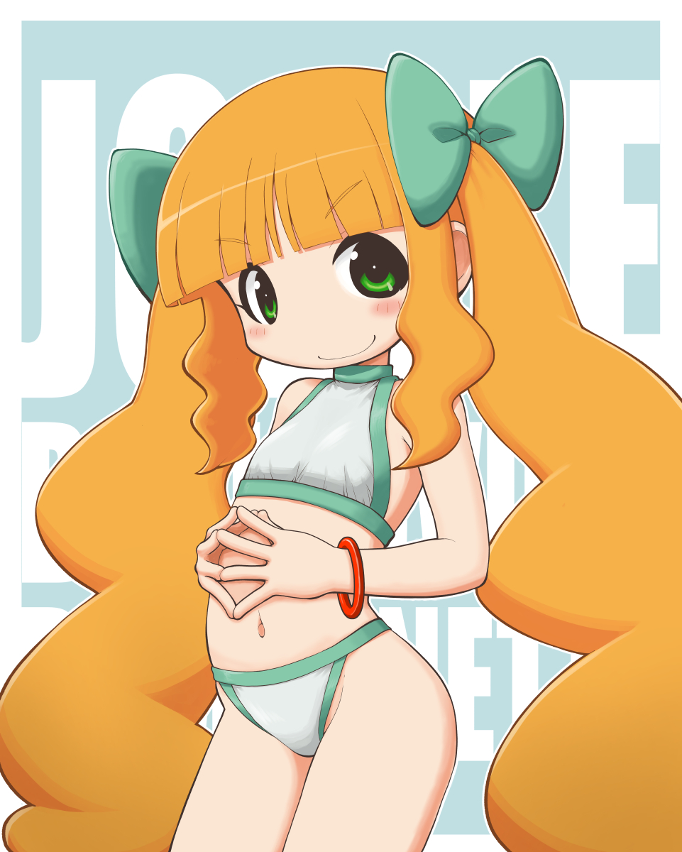 smile, aqua_bow, arched_back, bare_shoulders, bikini, blonde_hair, blunt_bangs, blush, bow, child, closed_mouth, cowboy_shot, eiga_daisuki_pompo-san, flat_chest, green_eyes, hair_bow, highres, joelle_pomponett, long_hair, looking_at_viewer, navel, sidelocks, standing, swimsuit, twintails, v-shaped_eyebrows, very_long_hair, wristband, yunji