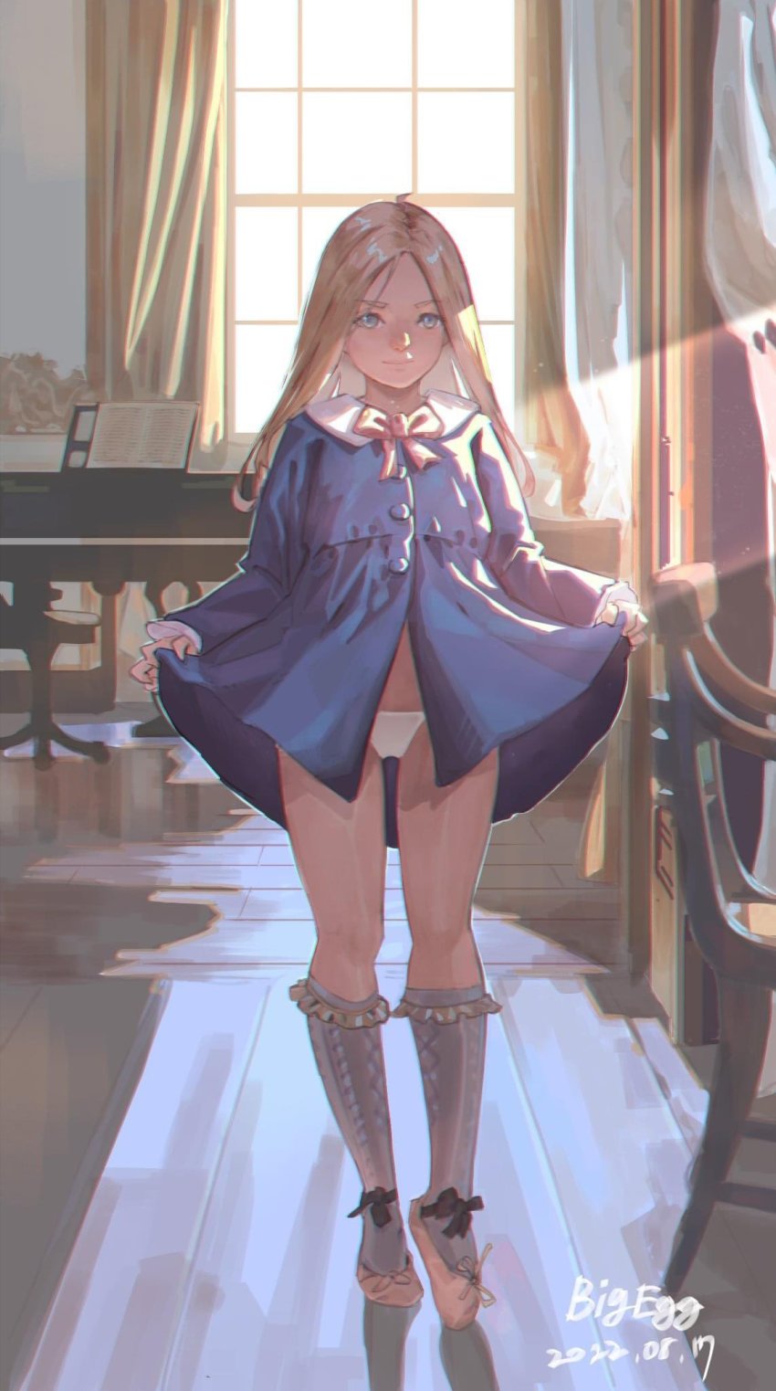 1girl, ballet_slippers, bigegg, blonde_hair, blue_dress, blue_eyes, chair, clothes_lift, dress, dress_lift, female_focus, full_body, grey_socks, highres, indoors, instrument, kneehighs, legs, lifting_own_clothes, loli, long_hair, looking_at_viewer, open_clothes, open_dress, original, panties, piano, short_dress, smile, socks, solo, thighs, underwear, white_panties, window
