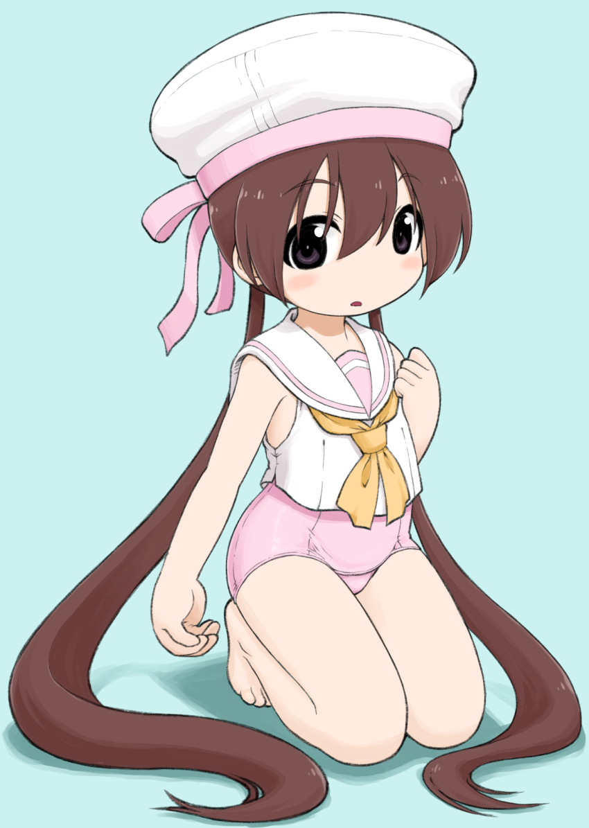 :o, aqua_background, bare_arms, bare_legs, barefoot, black_eyes, brown_hair, child