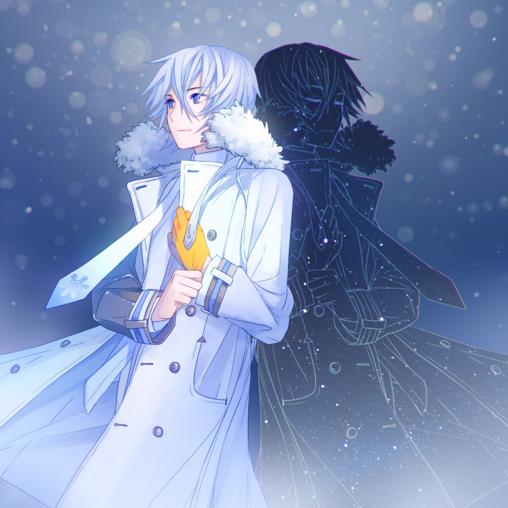 adjusting_clothes, adjusting_gloves, arm_belt, asymmetrical_clothes, blue_eyes, blue_hair, blue_theme, blurry